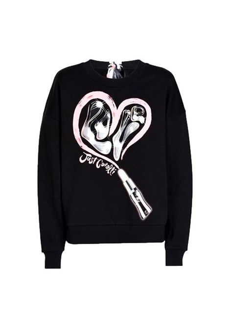 Felpa in cotone nero con stampa cuore JUST CAVALLI | Felpe | S04GU0125 N25189900